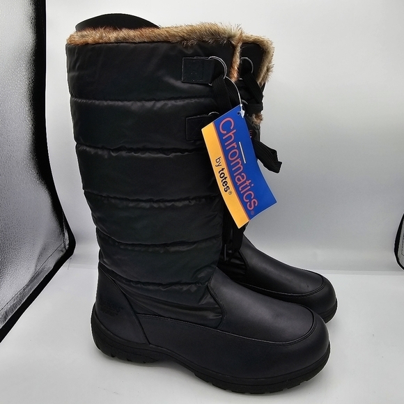 Chromatics by Totes Black Puffer Faux Fur Winter Snow Boots NWT, size 9 - Picture 1 of 13